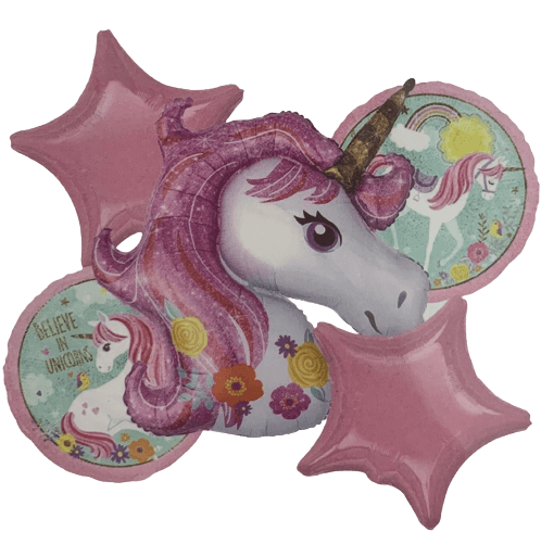 Bouquet de globos de colores pastel con cuerno de unicornio